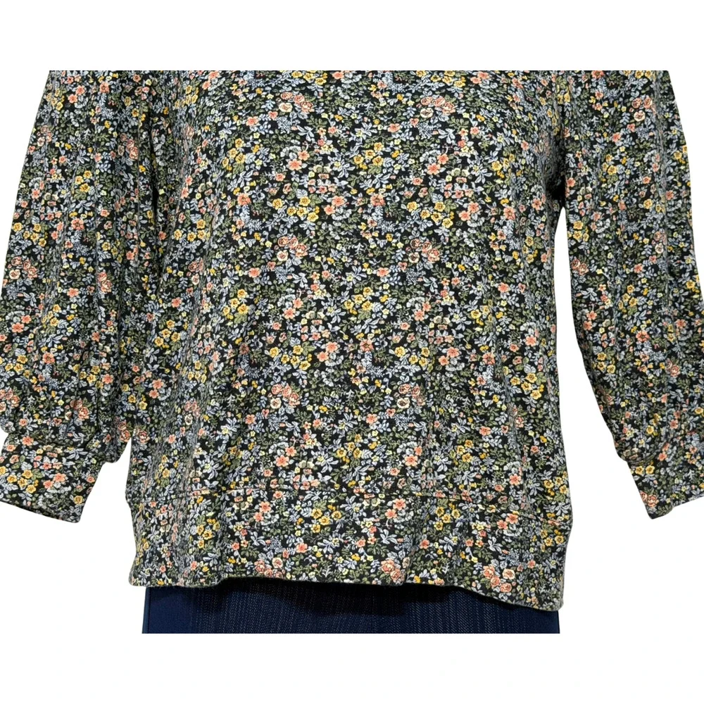 LOFT Sz M Cottage Floral Puff Sleeve Pullover Top Blue Knit Sweatshirt Romantic